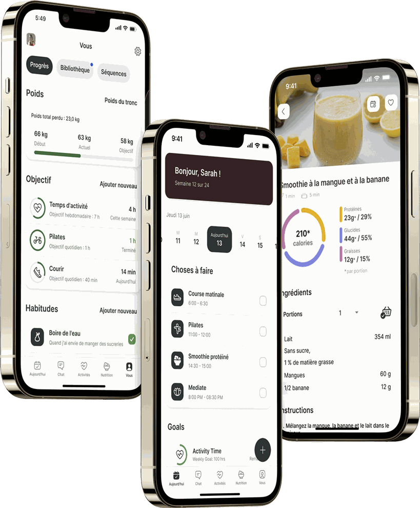 Aperçu de l'application de coaching : programmes, nutrition et suivi
